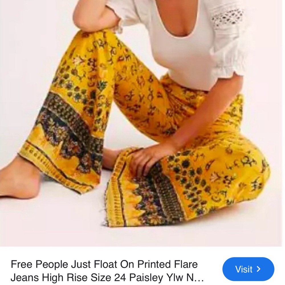 Free People Vibrant Yellow Paisley Flare Pants